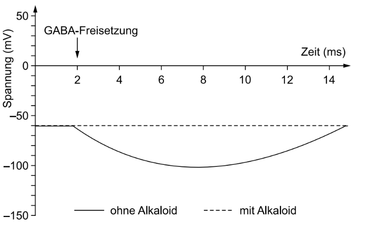 Diagramm zur GABA-Freisetzung: Spannungsverlauf mit und ohne Alkaloid über die Zeit.